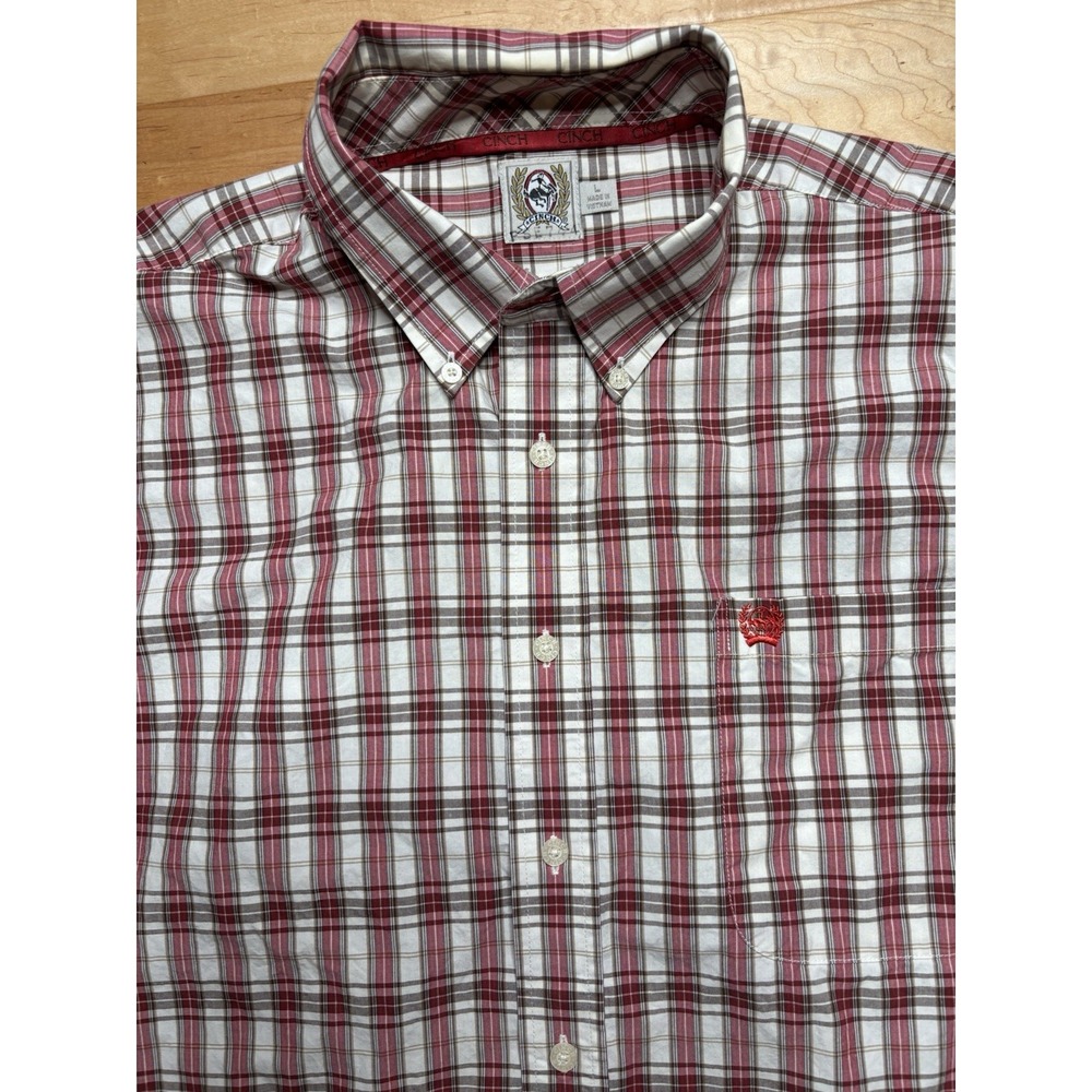 Cinch‎ Button Down Shirt Mens Large Red White Plaid Long Sleeve Western Logo